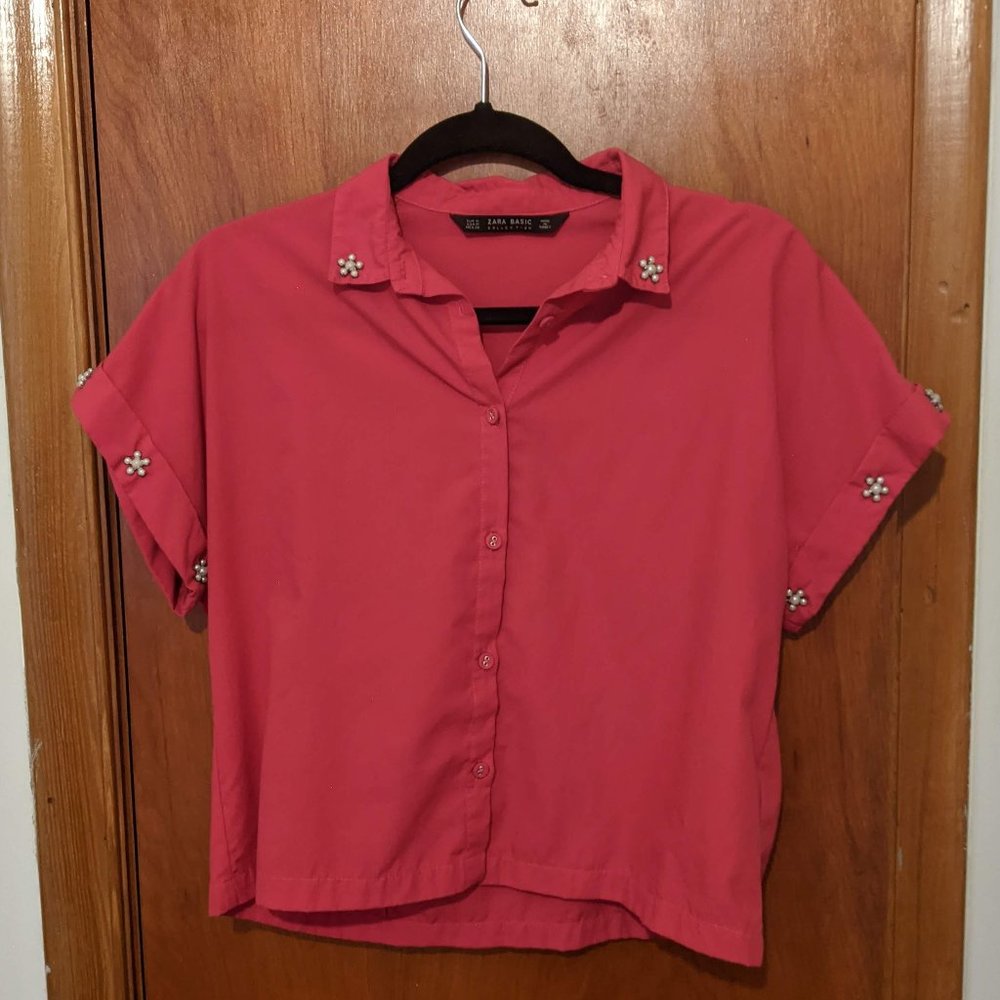Zara pink cropped shirt with pearls